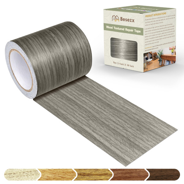 Besezx Wood Grain Tape, 2.4" X15', Self Adhesive Wood Grain Repair Patch for Tables, Chairs, DIY,Baseboards, Doors, Windows, Floors and Furniture Renovation.（Gray）