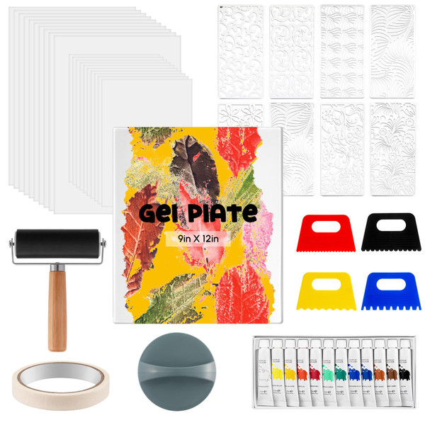 Faccito 9'' x 12'' Gel Printing Plate Kit, Complete Printmaking Set with Gelatin Plate, Brayer, Printmaking Paper, Acrylic Paint and Essential Tools for Mixed Media Art, Monoprinting, Card Making