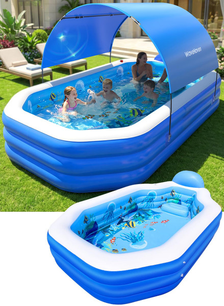 2026 Inflatable Pool with Canopy, Large Inflatable Pool for Kids,Adults, Blow Up Pools with Seats,Oversize Thickened 118"x75"x22"Inflatable Swimming Pools, Kids Pool for Backyard,Ocean Theme-Blue