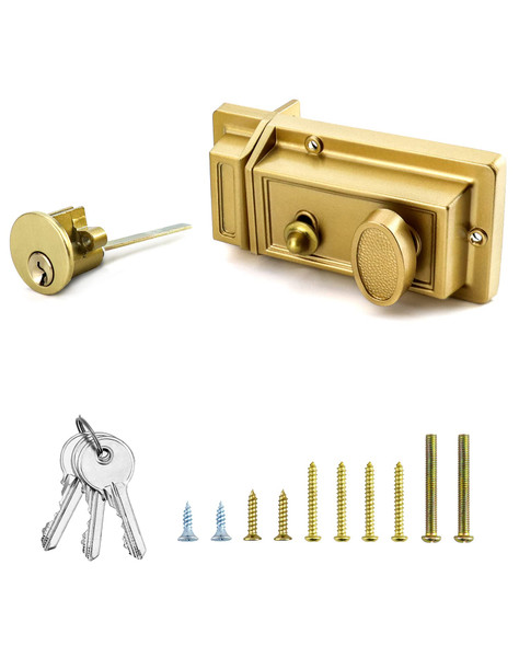 QWORK Night Latch Deadbolt Rim Lock with Key Gold Finish Antique Style Lock with Front Door Key