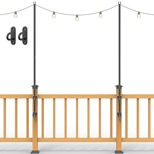 Antsky 2 Pack String Light Poles - Stainless Steel 6.5FT Deck Lights Poles with 2 Wall Hooks for Outdoor Light, String Lights, with SS Screws for Wood Posts Deck Decor (Black)