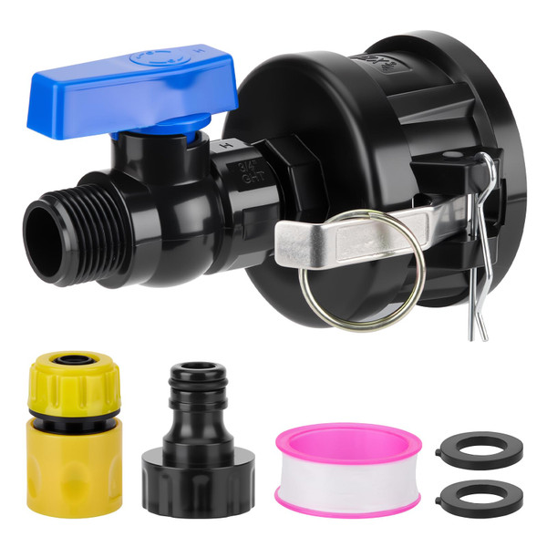 IBC Tote Hose Adapter Kit, 2" Cam Lock fittings for 275-330 Gallon Tank, IBC Tote to Garden Water Hose Adapter with Garden Hose Quick Connector, Plastic Shut Off Ball Valve(3/4" Female Male GHT)