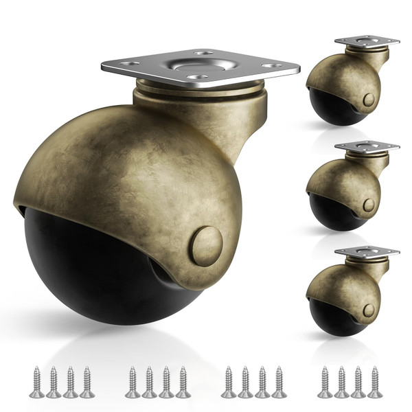 ANDUTEES 2 Inch Ball Furniture Caster Wheels, Brass Casters Set of 4, Plate Swivel Castor Wheels for Furniture, Kitchen, Cabinet, Table, Max Load Capacity 400 LBS(with Screws)