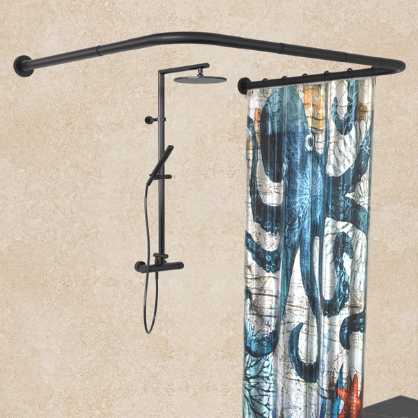 U Shaped Shower Curtain Rod (Both sides: 31.5"-47", Middle: 34.7"-43") Adjustable Genuine 304 Stainless Bathroom Bathtub Shower Curtain Rod Rack with 12 Shower Curtain Rings - Black