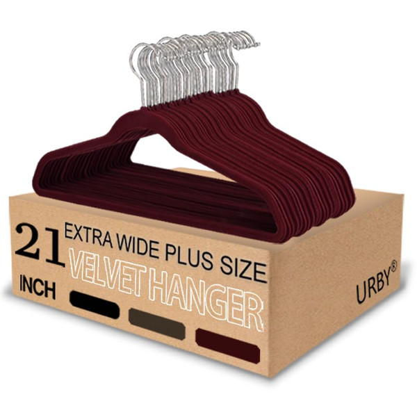 Urby Extra Wide Hangers for Plus Size Clothes, Ganchos para Colgar Ropa,21 Inch Super Plus Size Hangers Ideal for XL, XXL Shirts, Coats, Dresses, Etc. Velvet. Burgundy. 24pk.