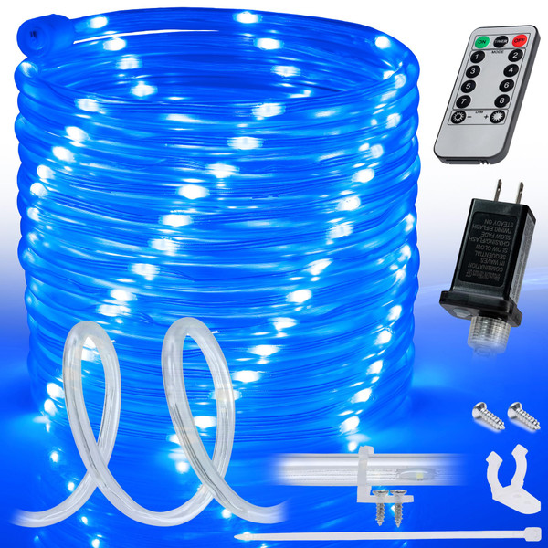 WYZworks 100ft Blue LED Outside Rope Light - 8 Modes, Waterproof Permanent Outdoor Accent Lighting w/Remote, Flexible Clear Tube, ETL Certified, Exterior Christmas Patio Palm Tree Yard Ambient