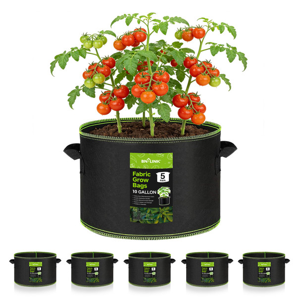 BN-LINK 5-Pack 10 Gallon Grow Bags, Heavy Duty Aeration Fabric Pots with Handles, Thickened Nonwoven Plant Bags for Vegetables, Flowers, Fruits