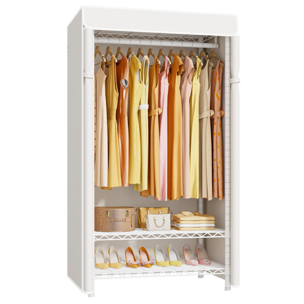 ULIFHOME H5C Clothes Rack with Cover, Portable Closet for Hanging Clothes, Covered Clothing Racks Heavy Duty, Garment Racks with Shelves, Max Load 360LBS, White Closet Rack with White Cover
