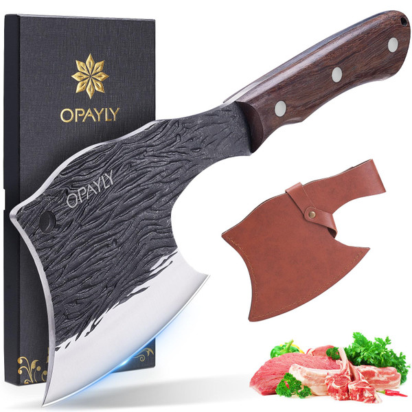OPAYLY Heavy-Duty Bone Chopper Knife Hand Forged Meat Cutting with Cover Meat Bone Cleaver Knife High Carbon for Kitchen Outdoor Camping BBQ men gifts