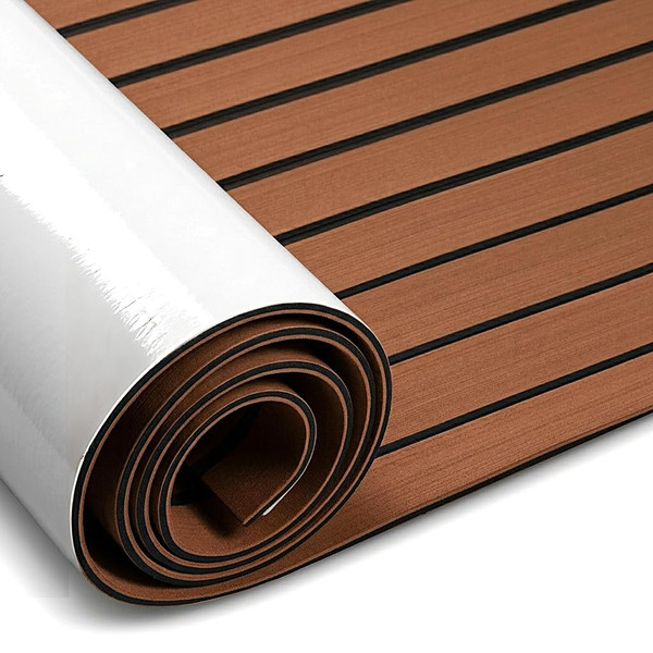 Fullfire EVA Foam Boat Flooring with Self-Adhesive Backing, Marine Decking Faux Teak Deck Sheet for Jon Boats Pontoon Boat Bass Boat Yacht RV Jet Ski Kayak Floor, Brown and Black 94" x 23.5"