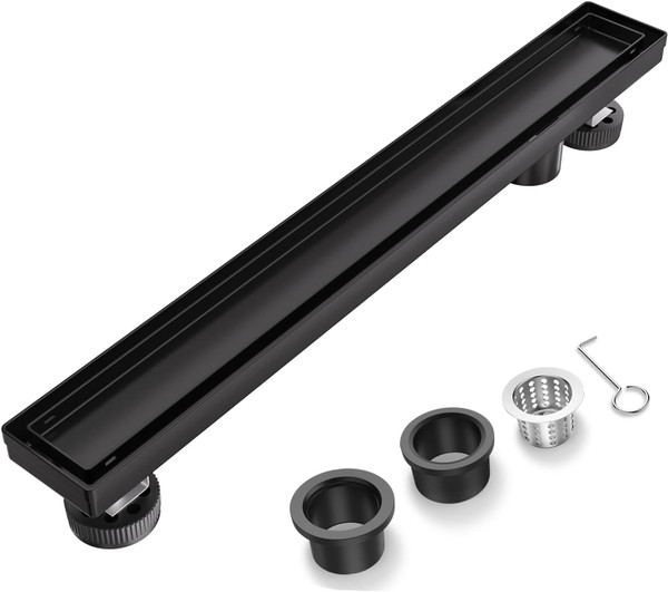 Bmvlffs 32 Inch Offset Linear Shower Drain Matte Black，2-in-1 Flat Reversible Cover with Tile Insert Grate Cover, Side Out Stainless Steel Linear Floor Drain Including Hair Strainer