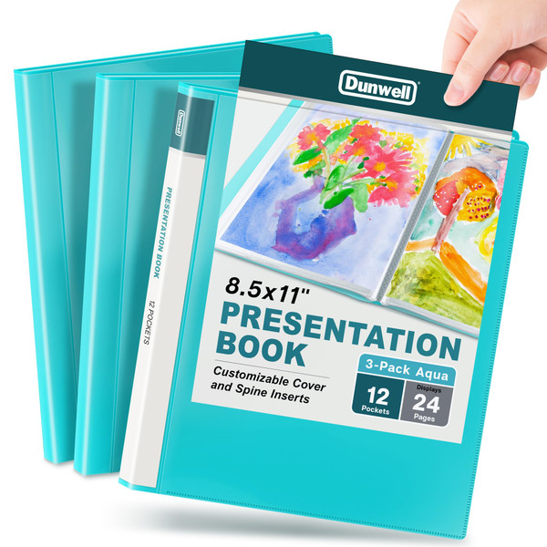 Dunwell Presentation Binder 12-Pocket, Displays 24 Pages, 8.5x11 Portfolio Binder with Plastic Sleeves, Storage and Organizer for Documents, Certificates, Projects, Photos (3 Pack, Aqua)
