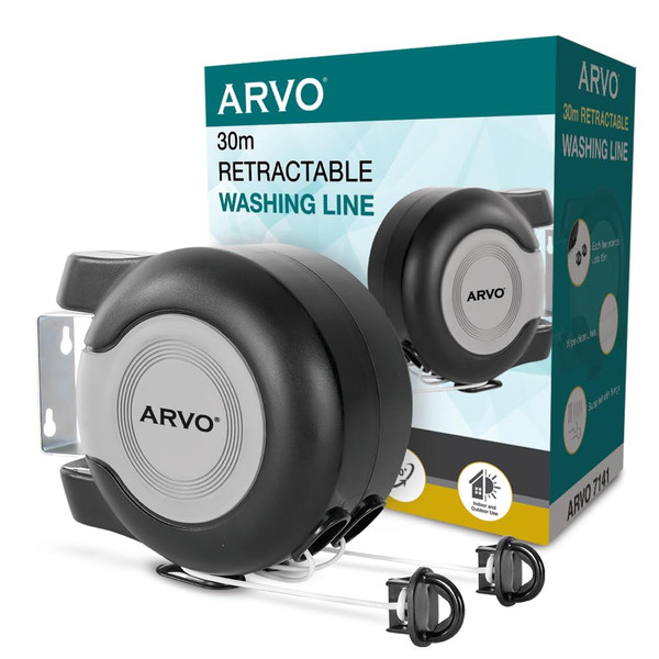 ARVO Wall Mounted Double Retractable Washing Line - 30m Clothes Line - Value Range Extendable Laundry Drying Line - 2 x 15m Cables for Indoor & Outdoor Use