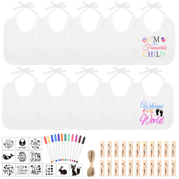 BOUBONI 55 Pcs DIY Baby Bibs Decorating Set Includes 10 White Bibs 12 Fabric Markers 12 Stencils 20 Clothespins 1 Hemp Rope for Baby Shower Games Boys Girls