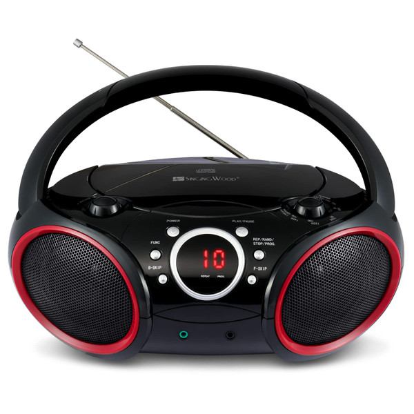 SINGING WOOD SBX030C Portable CD Player Boombox, Black with Red Rims