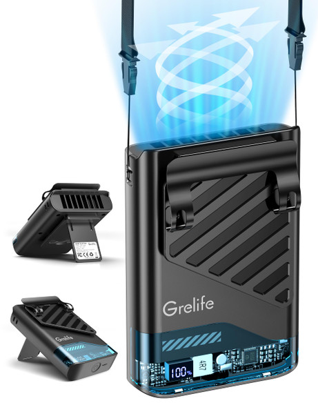 Grelife AI Portable Waist Fan Rechargeable,10000mAh LED Clip Fan,5 Speed 10000RPM 33ft/s Airflow,40H Runtime Hands-Free Neck Fan,Personal Wearable Cooling Fan for Outdoor,Camping,Jobsite,Travel(Black)