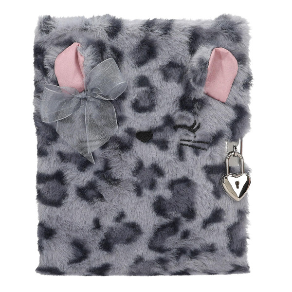 Depesche 13356 TOPModel Cosy Cat Diary with Lock, Journal with Leo Fur in Grey/Black, 96 Lined and Illustrated Pages for Entries, Multi-Coloured