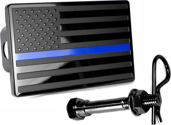 5"x3" American Black Flag Metal Hitch Cover (Fits 2" Receiver, Black with Blue Line)
