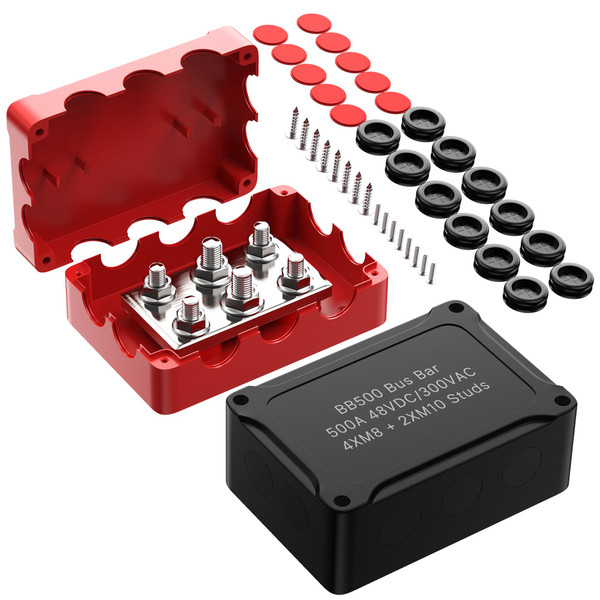 Joinfworld Heavy Duty 500A Bus Bar Waterproof Power Distribution Block with 4*5/16"(M8)+2*3/8"(M10) Studs 48V DC Automotive Marine Battery Terminal Distribution Block with Cover - Negative&Positive