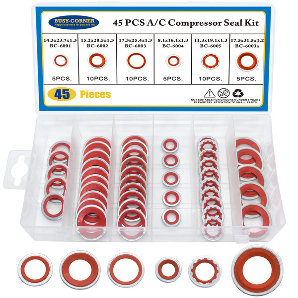 Air Conditioning Compressor Port Seal Washer Kit A/C Gasket Assortment 45 Pcs AC Compressor Washer Seals Bonded Seal Gasket Assortment (Red)