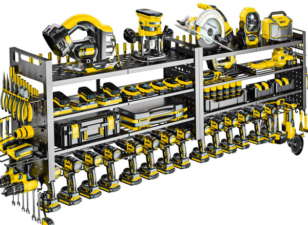 Shomextol 66" W Super Large Power Tool Organizer Wall Mount,Heavy Duty Cordless Tool Organizer with 18 Drill Holder,600 Lbs Capacity 4-Layer Garage Organization for Garage and Workshop (Black)
