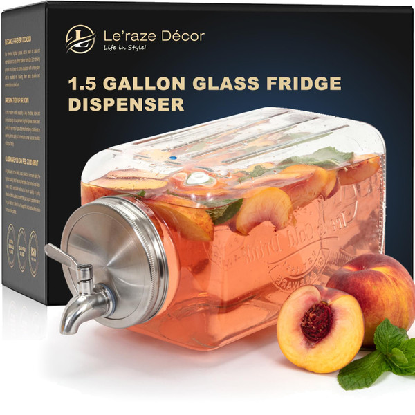 Le'raze 1.5-Gallon Glass Beverage Dispenser - Modern, Clear & Stainless Steel - Gravity Dispenser with Stainless Steel Spigot Le'raze 1.5-Gallon Glass Beverage Dispenser - Modern, Clear & Stainless Steel - Gravity Dispenser with Stainless Steel Spigot