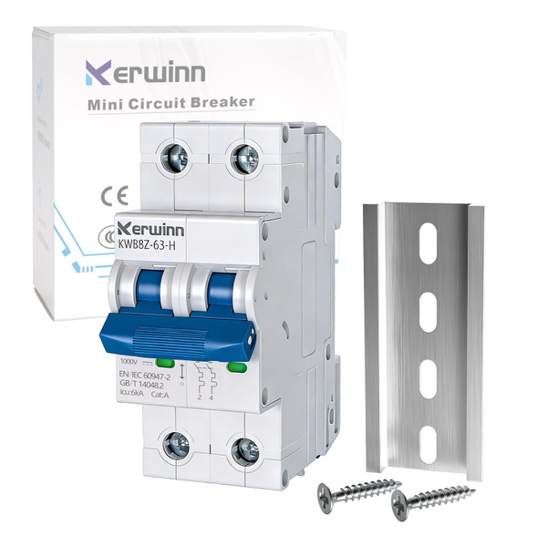 KERWINN Miniature Circuit Breaker 1000V DC Circuit Breaker 2 Pole 20Amp Smart Circuit Breaker,DC Disconnect Switch DIN Rail Mount for Marine Power Systems, Solar photovoltaic Systems (C20A)