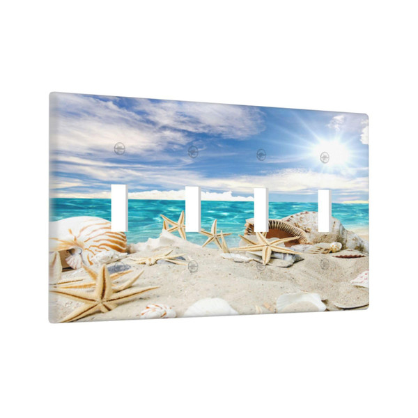 Beach Seashells Starfish Hawaii Ocean Quad Toggle Light Switch Covers Decorative 4 Gang Wall Plate Electrical Faceplate Switchplate for Country Bathroom Bedroom Decor
