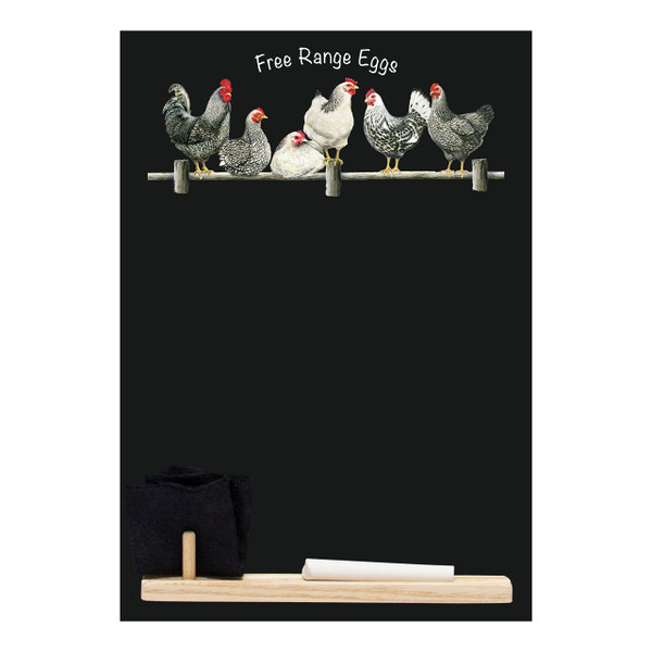 Chalkboards UK Free Range Eggs' Small Memo Black Chalkboard/Blackboard/Kitchen Chalk Board with Tray, Piece of Chalk & Felt Eraser, Wood, 29.7 x 20.7 x 1 cm