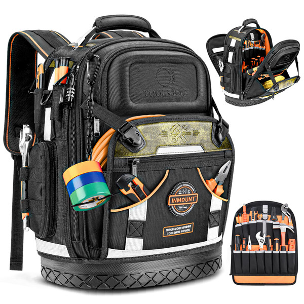Tool Backpack Bag, HVAC Heavy Duty Construction Tools Backpack for Men, 1680D Professional Level Durable Tool Organizer, with Molded Base & Combination Lock, for Electricians & Home Repair-Version 3.0