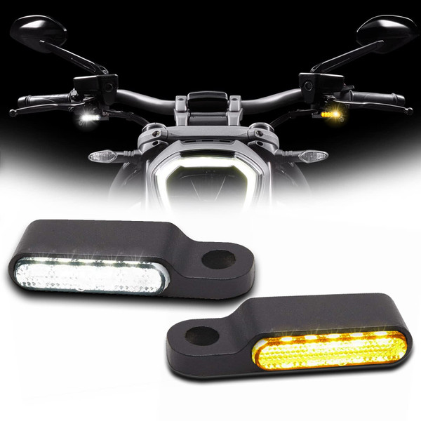 DREAMIZER Universal Motorcycle Handlebar LED Flowing Water Turn Signal Mini Blinkers Front Running light Compatible with Harley Honda Yamaha Kawasaki Cafe Racer Cruiser Street Bikes (Black)