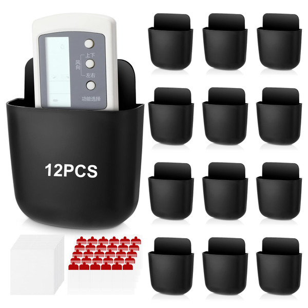 ZhouBoat 12 Pcs Remote Control Holder Wall Mount, Self-Adhesive Phone Wall Holder, No Drill Storage Box Organizer for Home Office Black