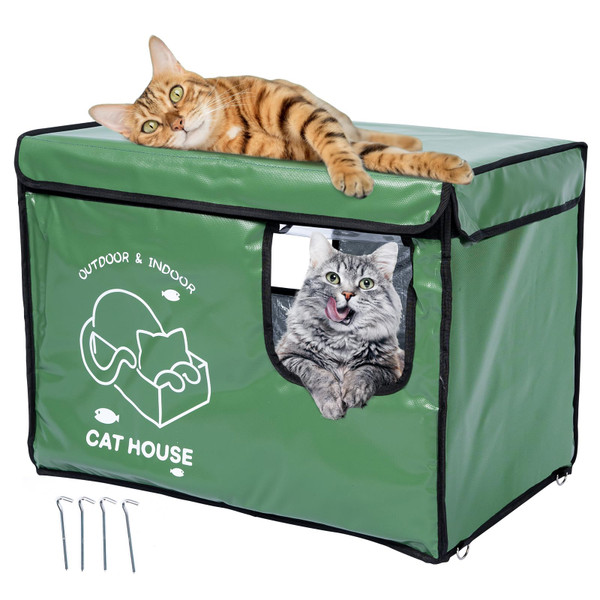 Indestructible Cat House Outdoor with Two-Sided Escape Door, Insulated and 100% Waterproof, Outside Weatherproof Feral Cat Shelter for Winter, Oxford Cloth Upgraded (Green, L)