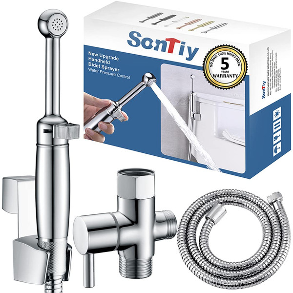 SonTiy Handheld Bidet Sprayer for Toilet, All Metal Cloth Diaper Toilet Sprayer Bidet Attachment with Backflow Preventer, Adjustable Water Jet Spray, 7.2" Brass Hand Held Bidet Wand, Chrome