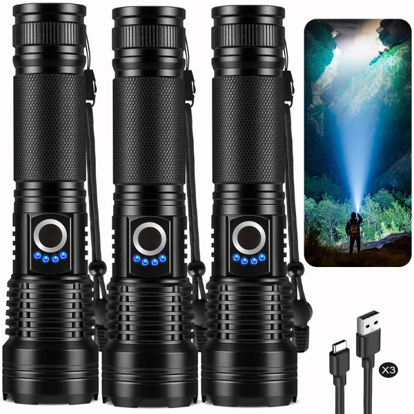 18FTRabbit 3 Pack Rechargeable Flashlights High Lumens, 990000lm Super Bright Handheld Flash Light with Power Display, 15H Runtime, IPX7 Waterproof, Zoomable 5 Modes for Outdoor Survival & Camping