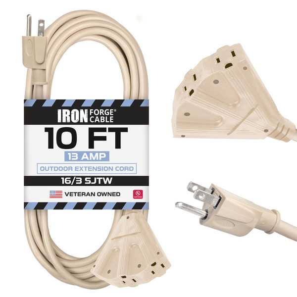 Iron Forge Cable Weatherproof 10 Ft Outdoor Extension Cord - 3 Outlet 16/3 SJTW Heavy Duty Light Brown Extension Cord 3 Prong - 13 Amp Power Cable
