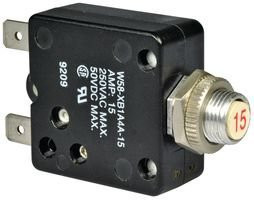 TE Connectivity W58-XB1A4A-15 Circuit Breaker; Therm; Push; Cur-Rtg 15A; Panel; 1 Pole; Vol-Rtg 250/50VAC/VDC