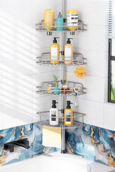 HAMITOR Shower Caddy Tension Pole: 4-Tier Rustproof Bathroom Corner Shelf Organizer for Renter - No Drill Large Shampoo Storage Rack - Adjustable 47-121" - Space Saving Bathtub Accessory - Silver Gray
