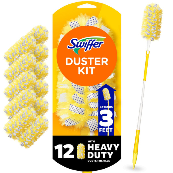 Swiffer Duster Kit with 3 ft Extendable Handle, Dusters for Cleaning, Set Includes 1 Extension Pole and 12 Heavy Duty Dusting Refills Dust Cleaner, Long Extended Wand for Ceiling Fans and Walls
