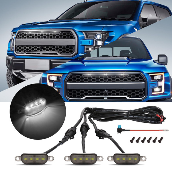 FICOLPO 3 Pcs Led Grill Lights Compatible with Raptor Style 2013-2018 Dodge Ram 1500 & 2004-2019 F150 - LED Front Grille Lights Accessories with Fuse & Harness (White Light)