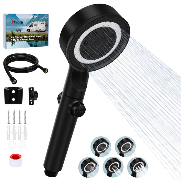 5+1 Mode High Pressure Replacement Black RV Shower Head with Hose