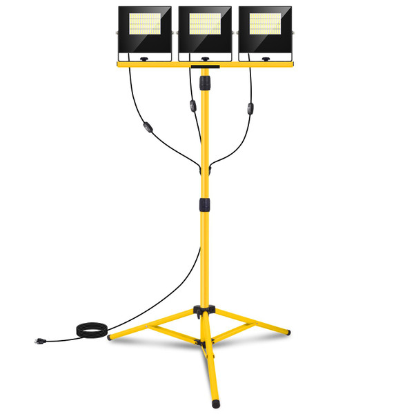 36000 Lumen Work Lights with Stand, 3 Adjustable Head LED Work Light with Adjustable and Foldable Tripod Stand, IP67 Waterproof Lamp Individual Switch with 16FT Cord for Outdoor Construction Lighting