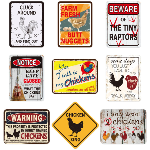 WERNNSAI Chicken Coop Signs - 9 PCS Funny Chicken Decor Poster Warning Signs Beware of Chicken Vintage Plaques for Farmhouse Decorations Home Wall Kitchen Yard Chicken Coop Accessories