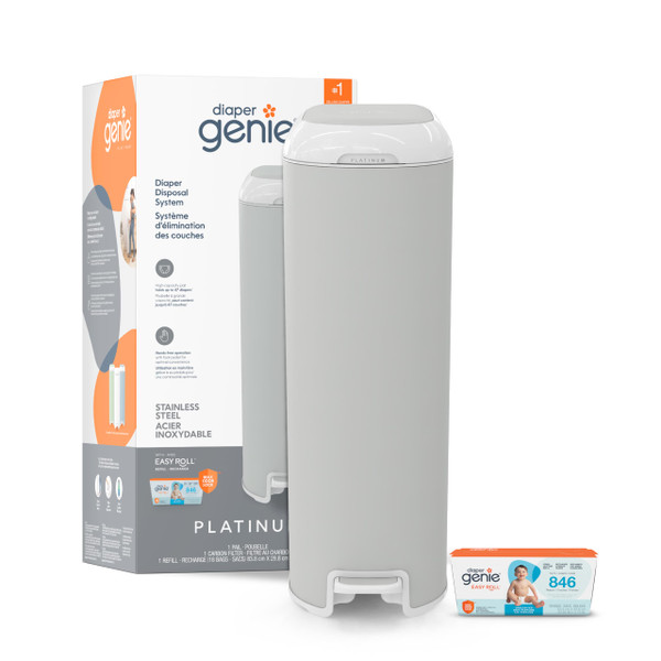 Diaper Genie Platinum Pail (Stone Grey) is Made in Durable Stainless Steel and Includes 1 Easy Roll Refill with 18 Bags That can Last up to 5 Months. Diaper Genie Platinum Pail (Stone Grey) is Made in Durable Stainless Steel and Includes 1 Easy Roll Refill with 18 Bags That can Last up to 5 Months.