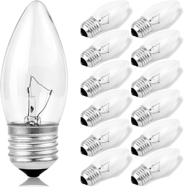 60W Incandescent Torpedo Tip Chandelier - 60W Equivalent Medium E26 Candelabra, TipIncandescent Clear Dimmable Light Bulbs and Medium E26 Base,Transparent Candle Light Bulbs for Chandeliers (12)