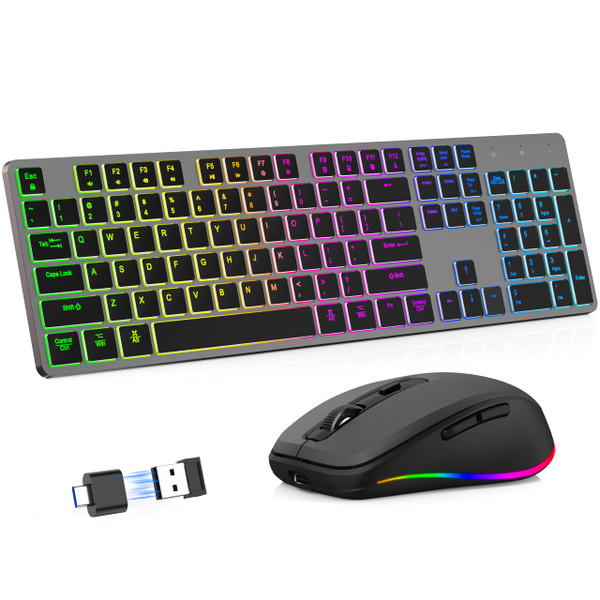 Wireless Keyboard and Mouse Combo, 2.4G Rechargeable RGB Backlit Full-Size Keyboard and Mouse Set with Quiet Scissor Switch Keys for Mac, Windows PC, Space Gray