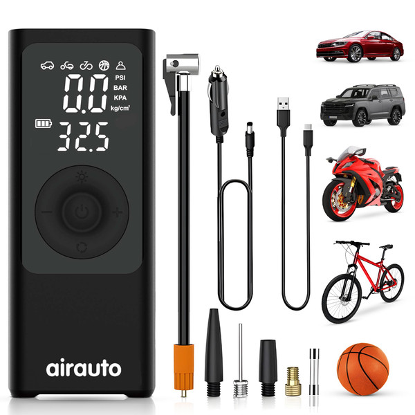 AIRAUTO Tire Inflator Portable Air Compressor - Smart Cordless Pump - 4X Faster 150PSI Digital Pressure Gauge - Wireless Air Inflator for Car Truck SUV Motorcycle Bicycle Ball - LED Light & Powerbank