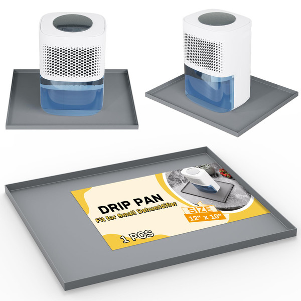 Powrocket Dehumidifier Drip Pan for Leaks, 12'' x 10'' Dehumidifier Mat with Raised Edge, Non-Slip Waterproof Drip Pan for Dehumidifiers, Prevent Water Leakage and Floor Damage, Gray