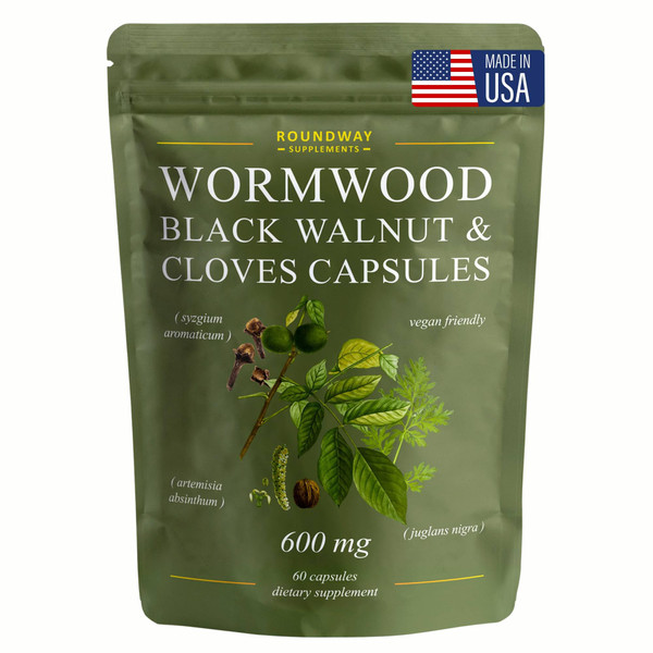 Roundway Supplements Wormwood Black Walnut Hull and Clove Capsules | High Strength Cleanse for Humans. 2 Months Supply | 60 Capsules, 600mg. Gluten-Free and Non-GMO. Vegan Supplement (Pack of 1)