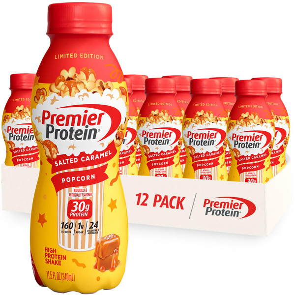 Premier Protein Shake Limited Edition Salted Caramel Popcorn, 30g 1g Sugar 24 Vitamins Minerals Nutrients to Support Immune Health 11.5 fl oz, 12 Pack Premier Protein Shake Limited Edition Salted Caramel Popcorn, 30g 1g Sugar 24 Vitamins Minerals Nutrients to Support Immune Health 11.5 fl oz, 12 Pack